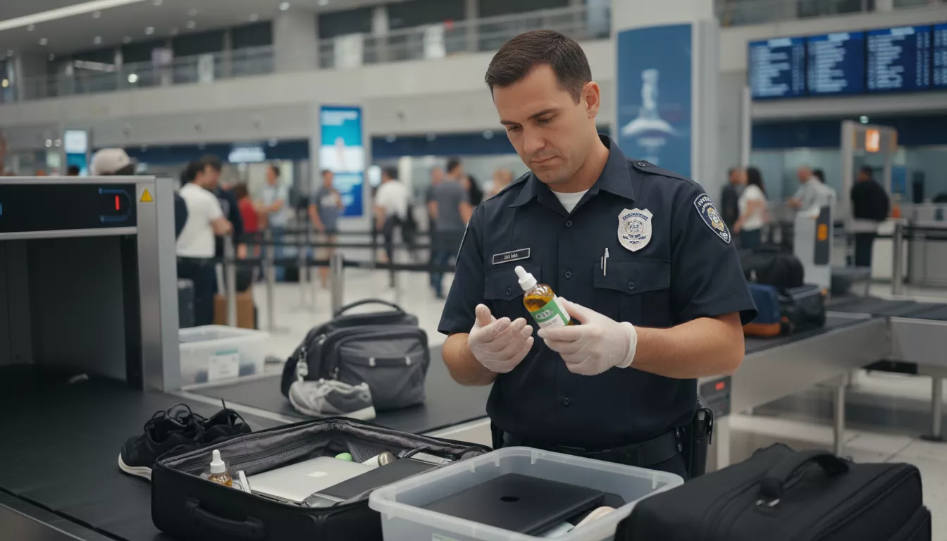 Agent de sécurité aéroportuaire examinant un bagage à main, avec un flacon de CBD visible, lors d'un contrôle de routine.