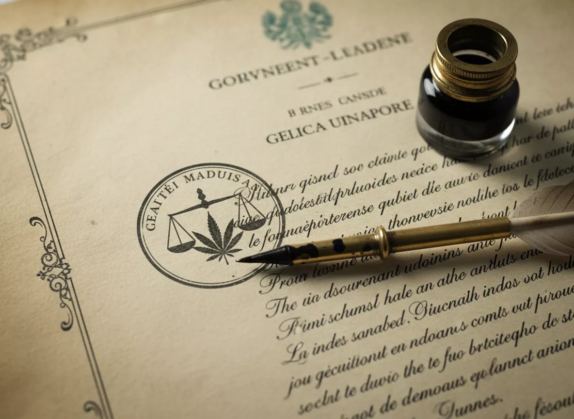 Détail d'un document légal avec un tampon et une plume, symbolisant la législation et la conformité du CBD en France.