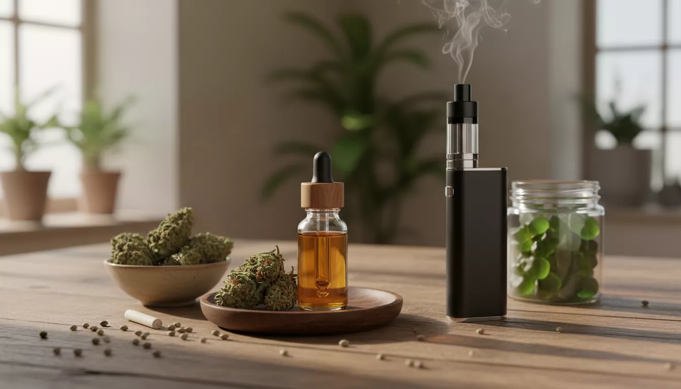 Divers modes de consommation du CBD, incluant une pipette d'huile, des fleurs de CBD et un vaporisateur, sur une table en bois.