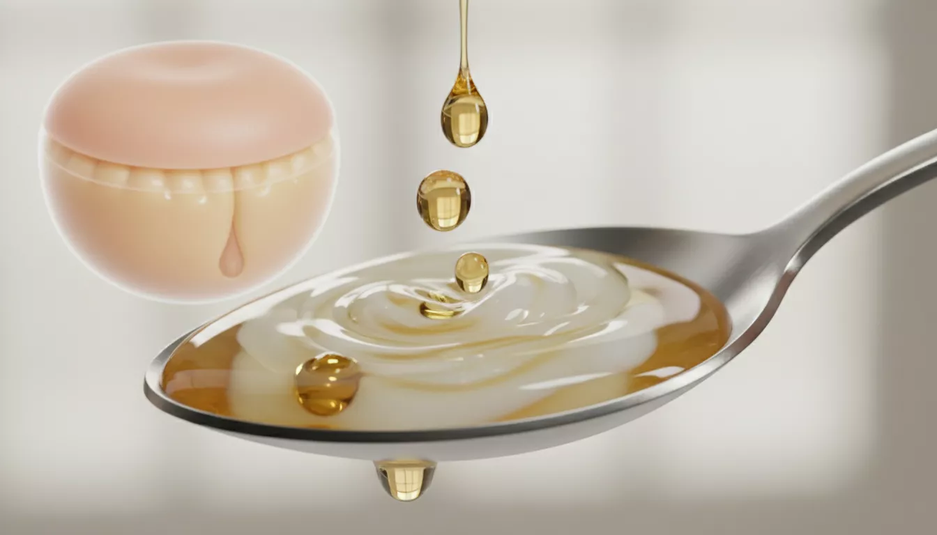 Gouttes d'huile de CBD se mélangeant dans une cuillère remplie d'huile de coco liquide, symbolisant l'absorption dans les corps gras