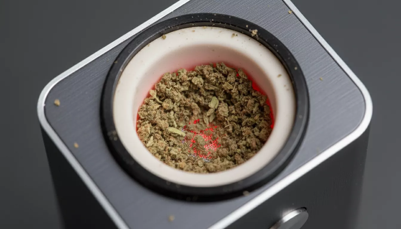 Gros plan sur la chambre de chauffe d'un vaporisateur portable, avec des fleurs de CBD finement broyées prêtes à être vaporisées.