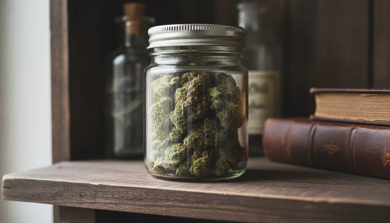 Gros plan sur des fleurs de CBD séchées et bien vertes, conservées dans un bocal en verre hermétique sur une étagère en bois sombre.