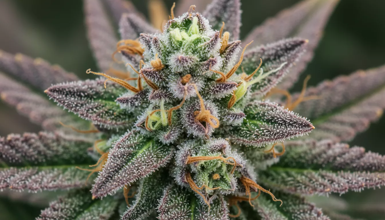 Gros plan macro d'une fleur de CBD aux teintes vertes et pourpres, avec des trichomes scintillants, symbolisant la richesse et la complexité de ses arômes.