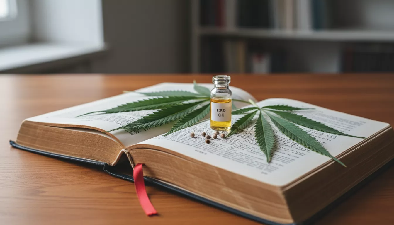 Gros plan sur un code juridique français ouvert avec des feuilles de chanvre CBD disposées à côté, symbolisant la nouvelle législation.