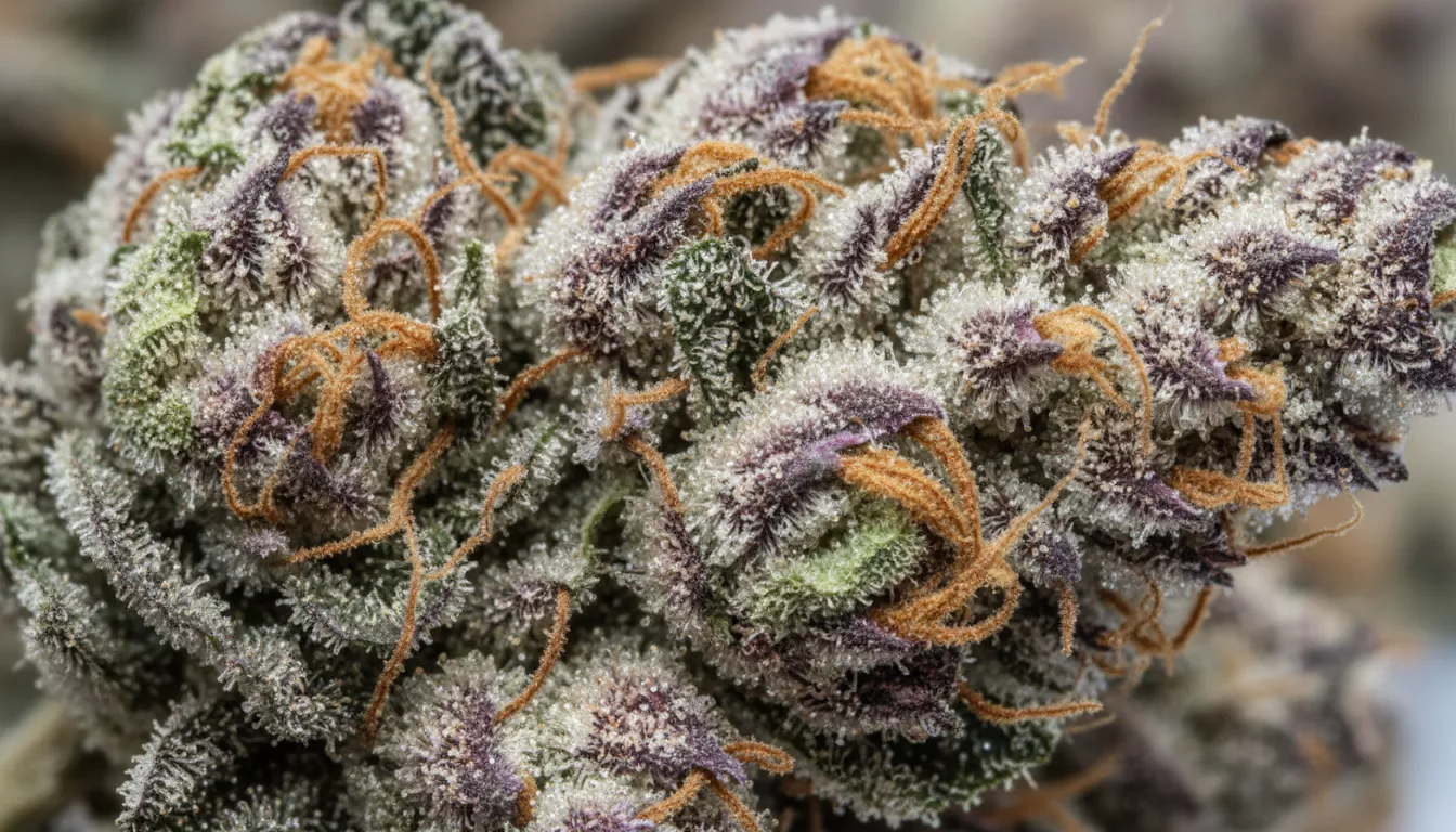 Gros plan sur une fleur de CBD séchée de couleur verte et violette, recouverte de trichomes cristallins et de pistils orange
