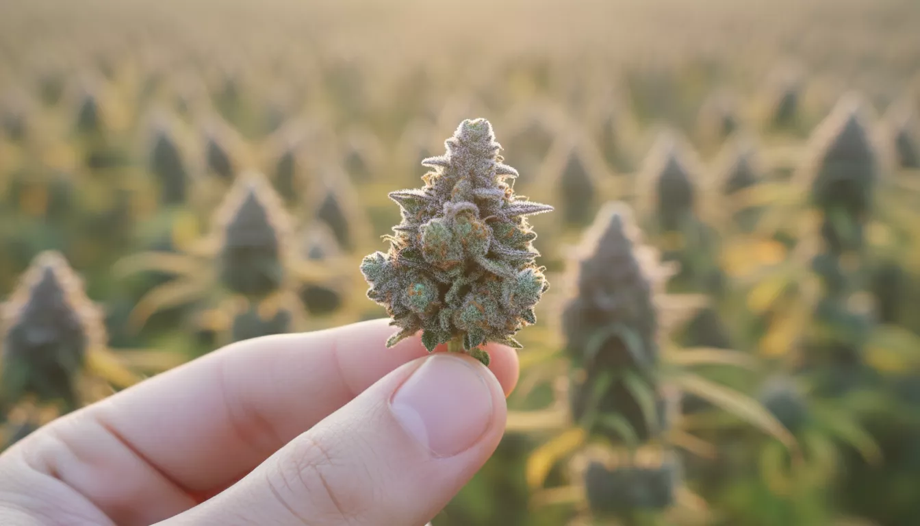 Main humaine tenant délicatement une petite fleur de CBD aux bourgeons serrés, avec d'autres fleurs floues en arrière-plan, symbolisant le soin dans la sélection.