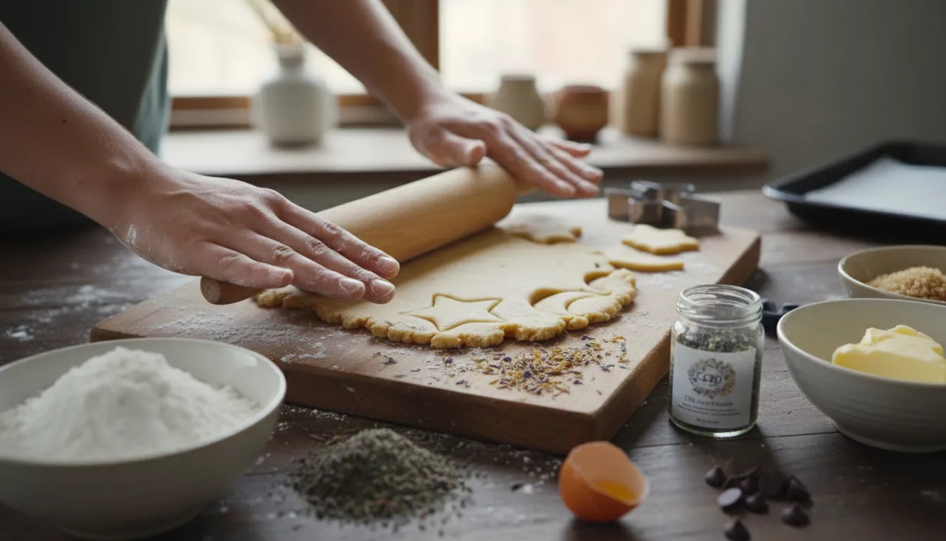 Mains préparant des biscuits faits maison sur une planche à découper en bois, avec de la poudre de fleurs de CBD à côté d'ingrédients de pâtisserie.
