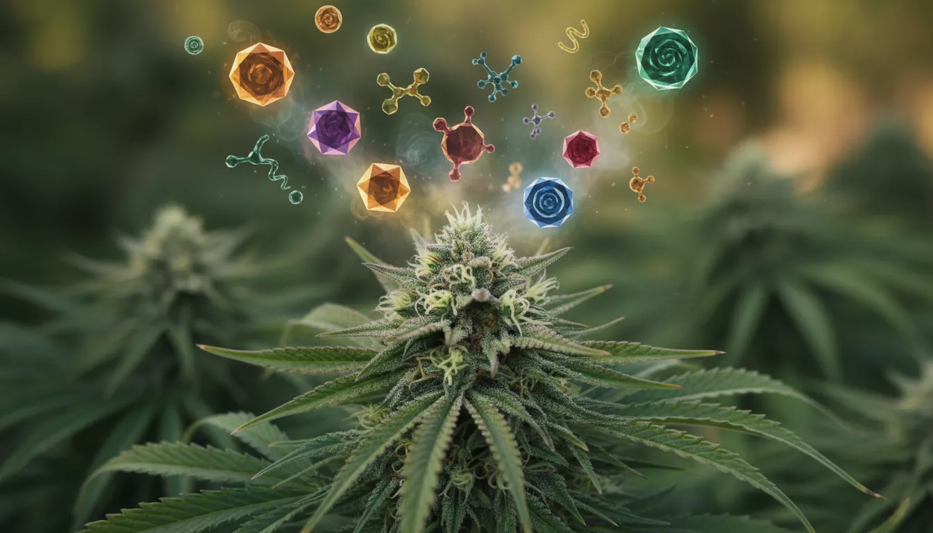 Molécules de terpènes stylisées représentant différentes formes et couleurs, flottant au-dessus d'une fleur de cannabis luxuriante, symbolisant leur influence aromatique.