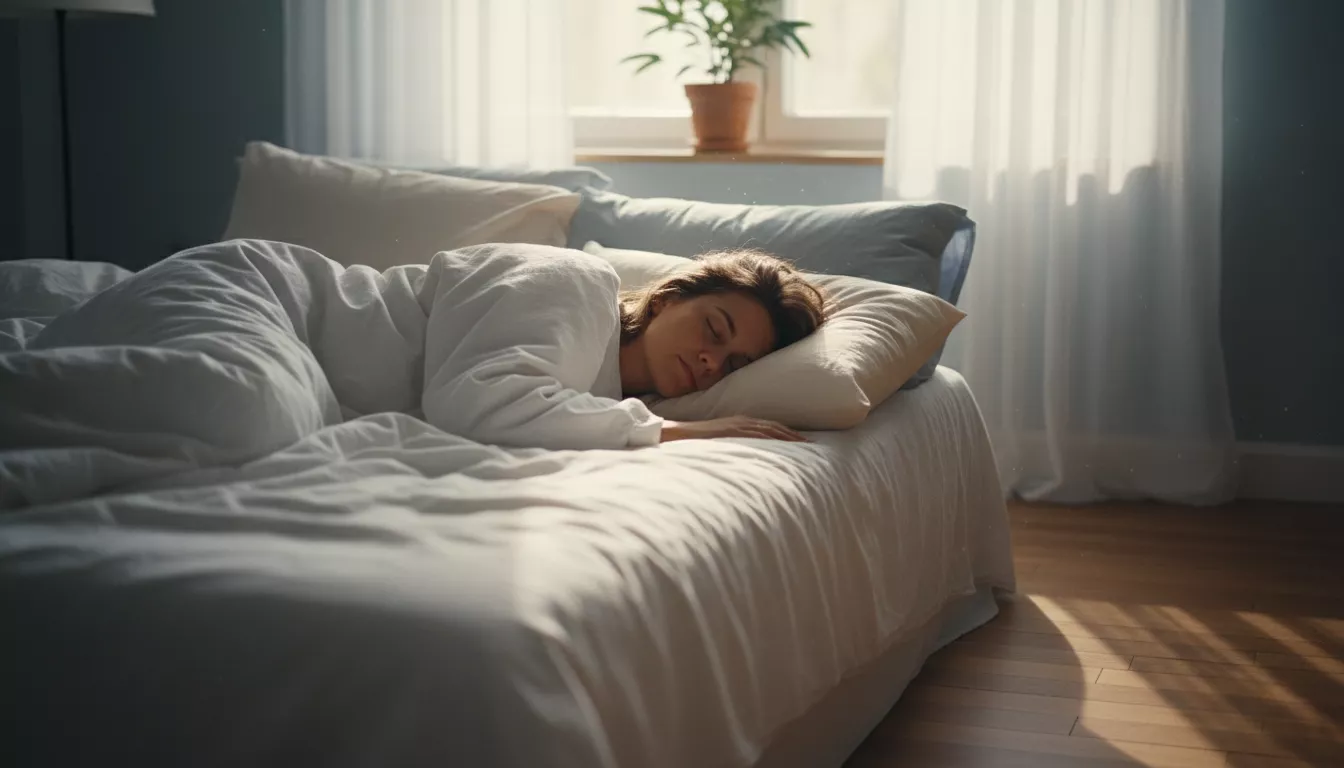 Personne endormie paisiblement dans un lit douillet, la lumière douce du matin filtrant à travers la fenêtre, évoquant le repos et la sérénité.