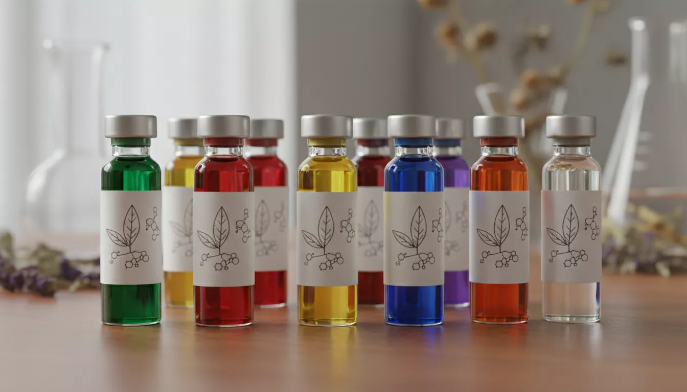 Plusieurs petits flacons en verre remplis de liquides colorés, représentant différents terpènes purs, avec des étiquettes minimalistes indiquant leurs noms.