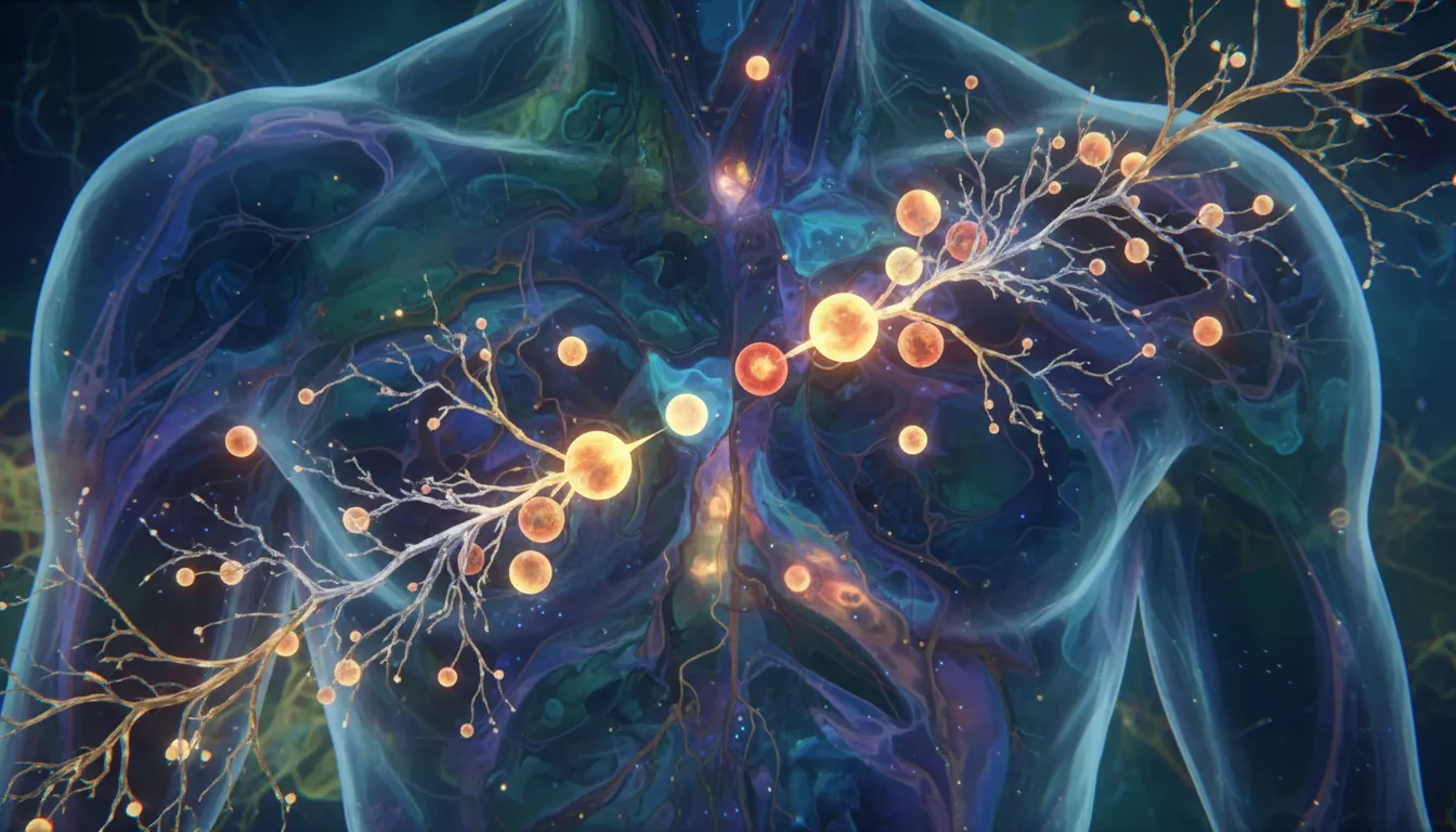 Représentation artistique et abstraite du système endocannabinoïde dans le corps humain, avec des récepteurs et des molécules interagissant