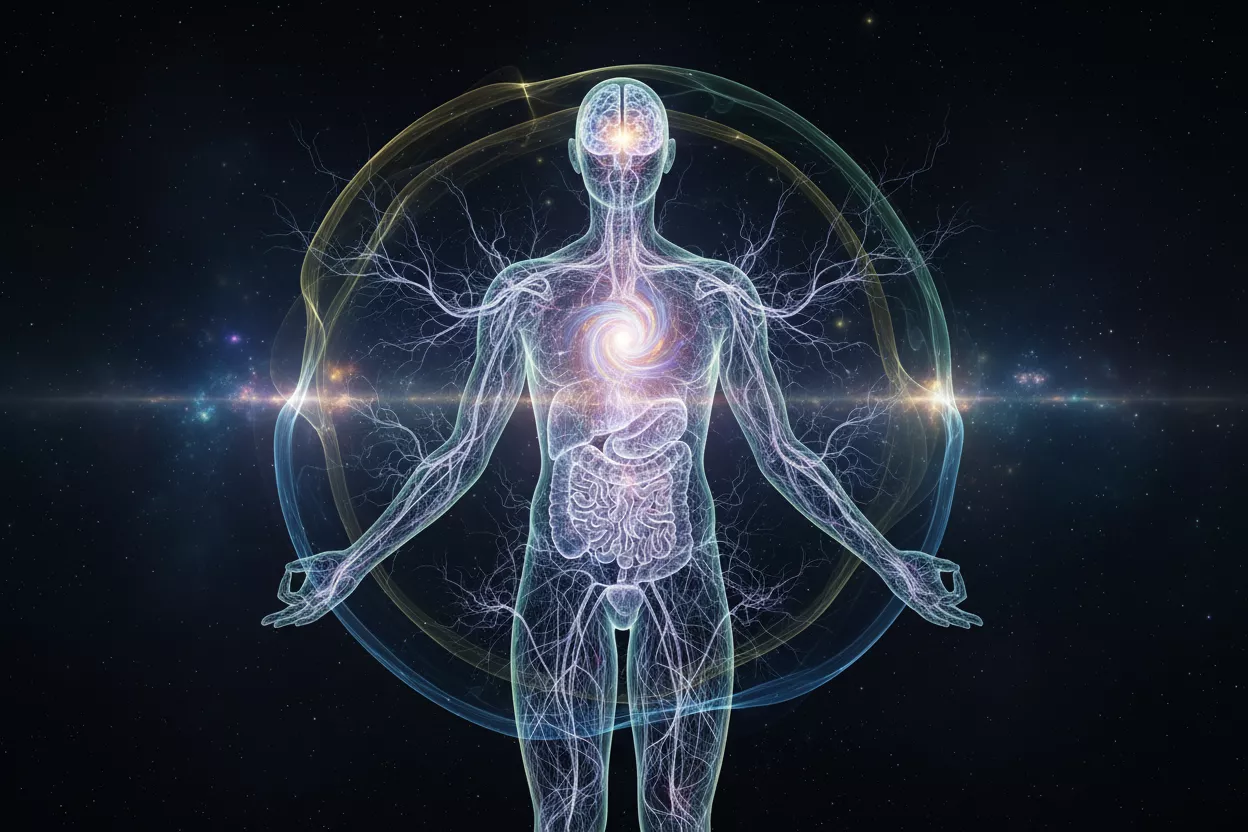 Représentation conceptuelle du corps humain avec des ondes d'énergie ou des réseaux neuronaux interconnectés, symbolisant l'équilibre et la régulation par un système complexe.