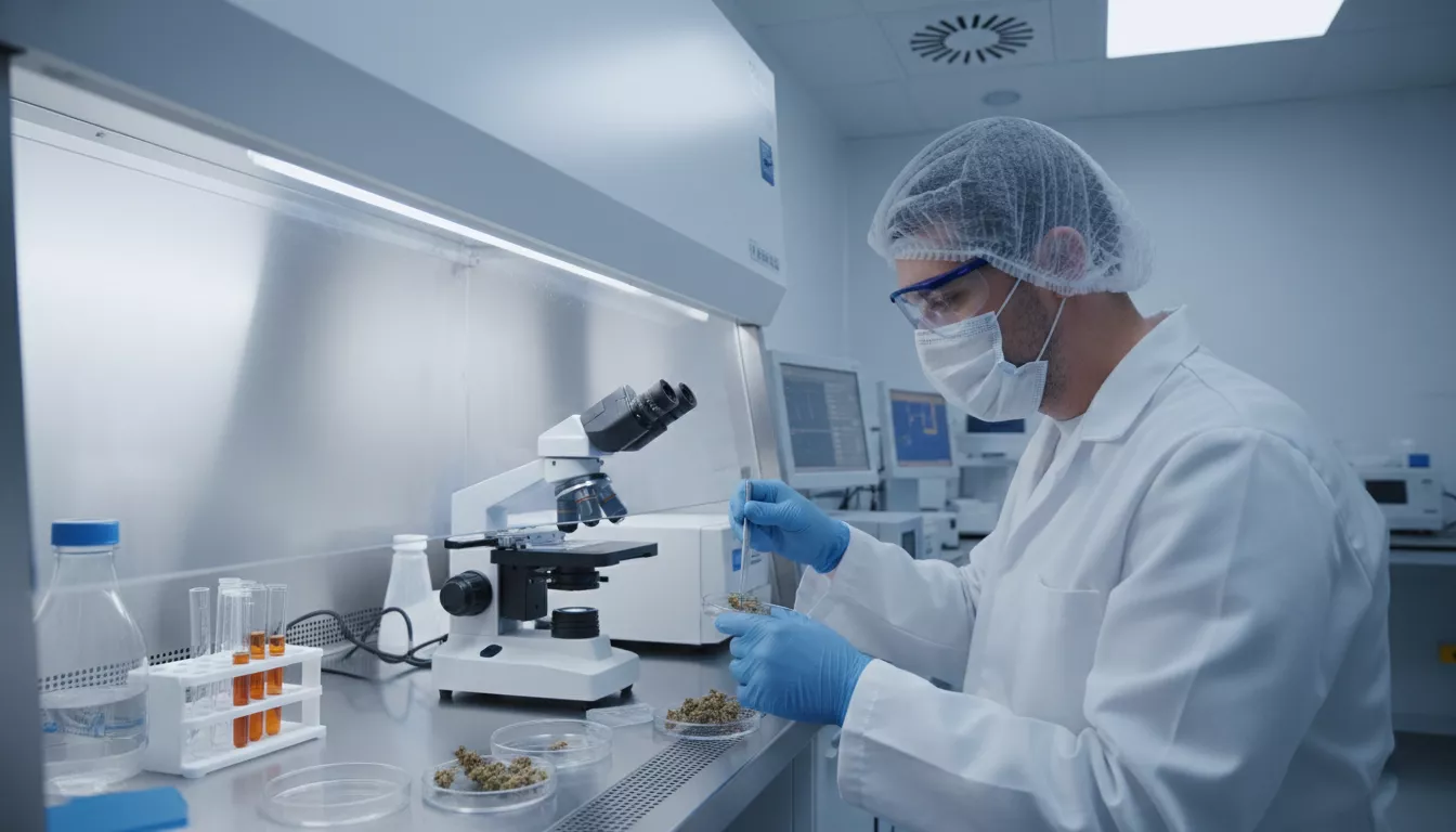 Technicien en blouse de laboratoire manipulant des échantillons de fleurs de chanvre pour analyse dans un environnement stérile.