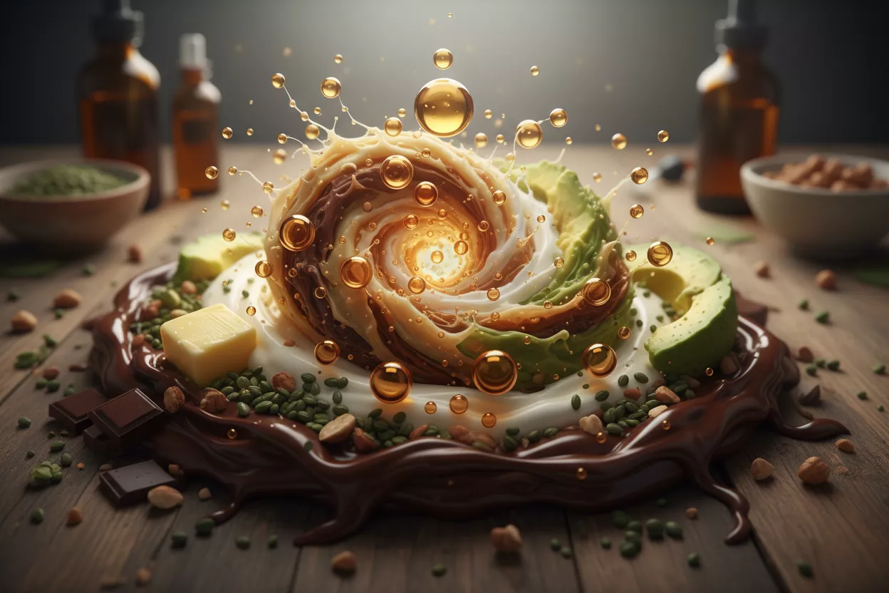 Un arrangement conceptuel montrant des gouttes d'huile de CBD se mélangeant à des ingrédients culinaires riches en matières grasses, évoquant l'assimilation et l'efficacité.