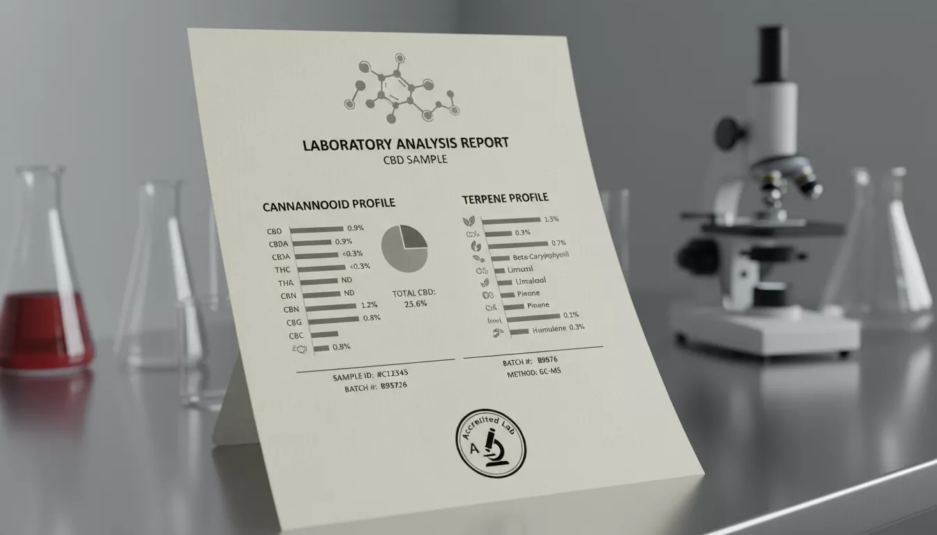 Un document de laboratoire montrant des analyses détaillées de cannabinoïdes et terpènes pour un échantillon de CBD, avec des résultats clairs