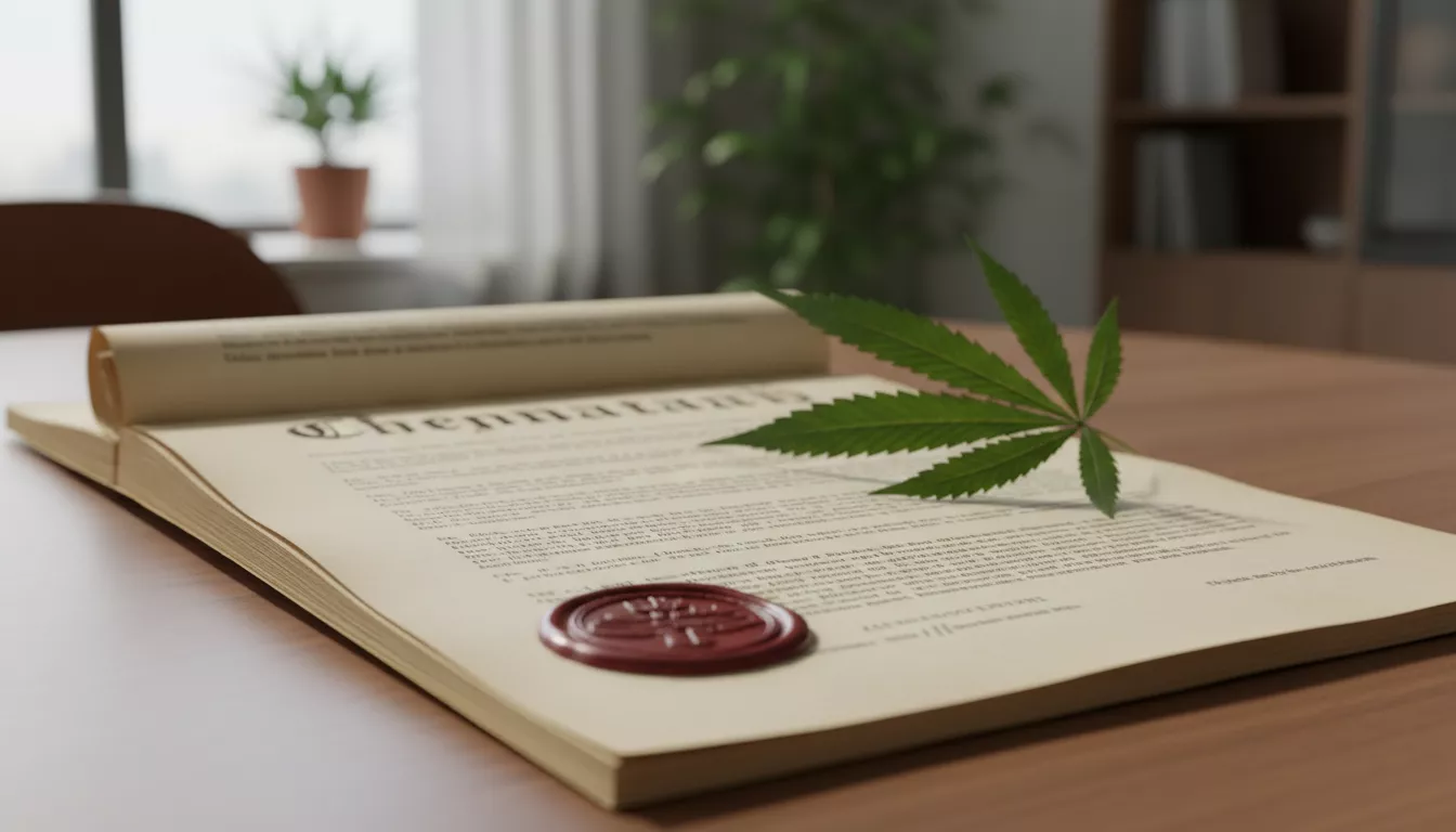 Un document juridique ouvert sur une table, avec un tampon officiel et une feuille de chanvre en arrière-plan, illustrant la régulation du CBD.