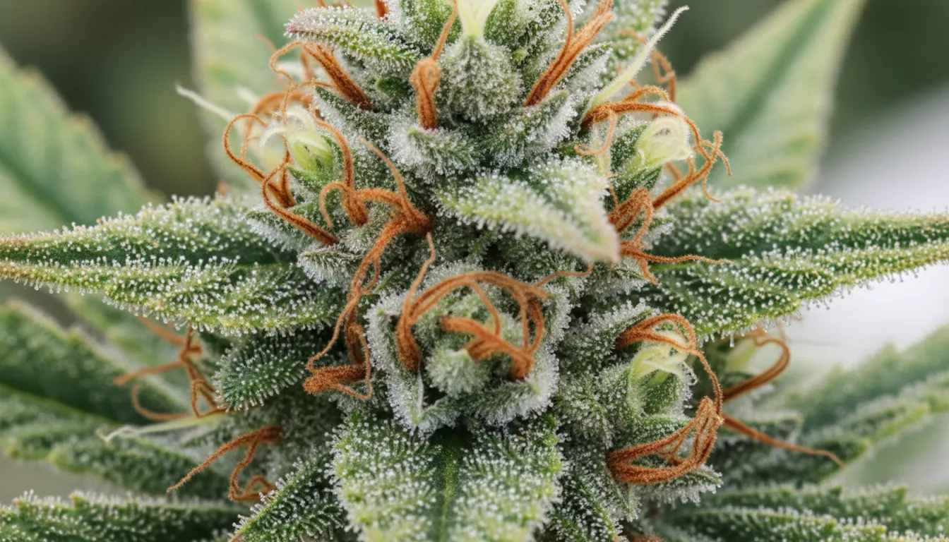 Un gros plan macro d'une fleur de chanvre CBD riche en trichomes cristallins, avec des feuilles vertes et des pistils orangés, symbolisant la concentration et la richesse des cannabinoïdes.