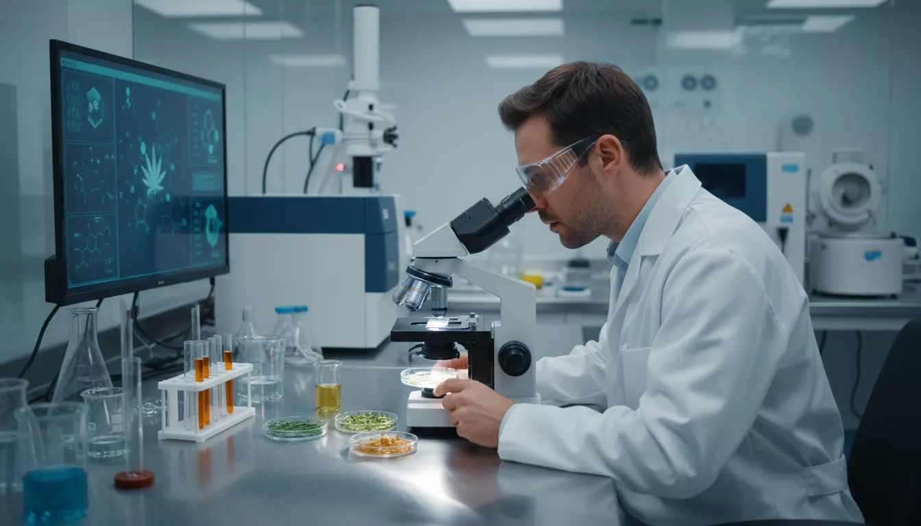 Un scientifique en blouse blanche examinant des échantillons de CBD sous un microscope dans un laboratoire moderne, symbolisant les tests de qualité.