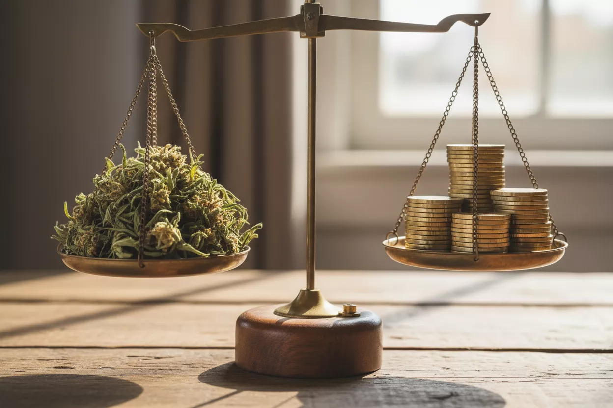 Une balance de justice en bois équilibrant des feuilles de chanvre séchées et une pile de pièces de monnaie, symbolisant la légalité et l'économie du CBD.
