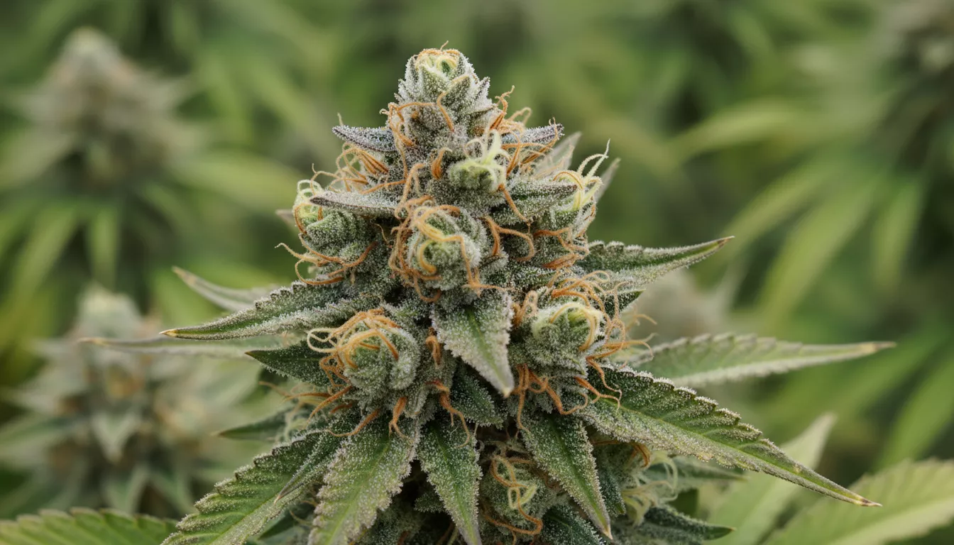 Une fleur de CBD séchée et manucurée de près, montrant des trichomes cristallins et des pistils orangés sur un fond vert