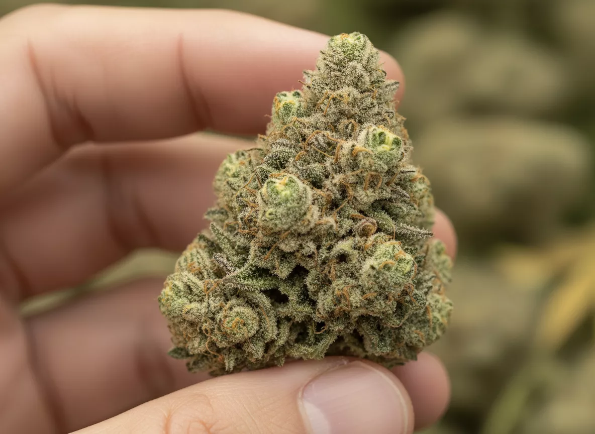 Une main humaine tenant délicatement une fleur de CBD riche en trichomes, sous une lumière douce, symbolisant la sélection minutieuse et la qualité.