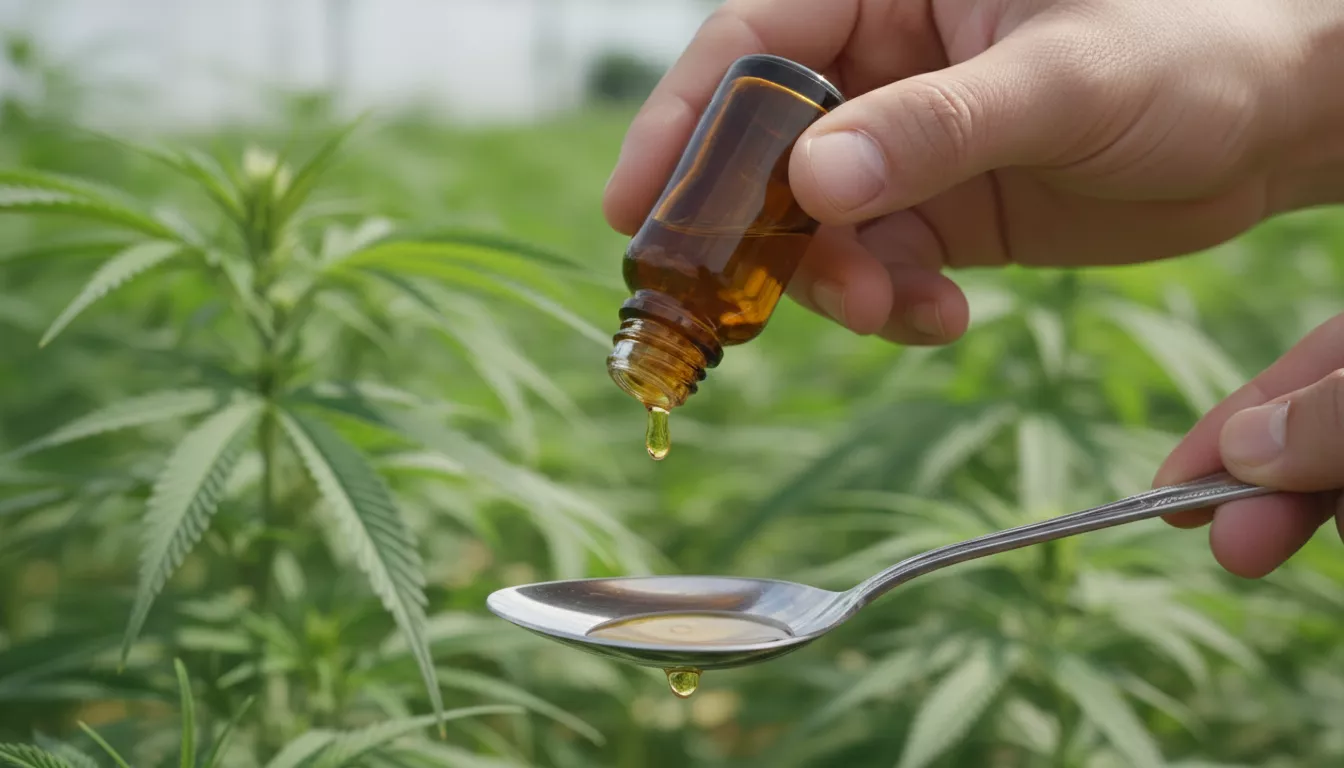 Une main tenant un flacon d'huile de CBD au-dessus d'une cuillère, prête à administrer la dose, avec des plantes de chanvre en arrière-plan.