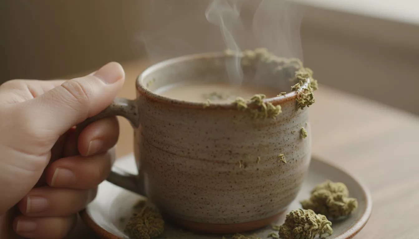 Une main tenant une tasse en céramique d'infusion de CBD fumante, avec une texture laiteuse et quelques miettes de fleurs sur le bord, sur un fond doux et flou.