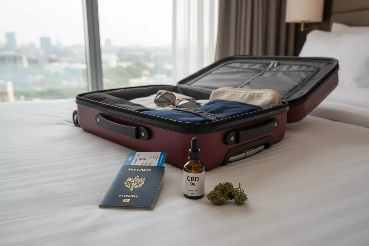 Une valise ouverte posée sur un lit, avec un passeport, une carte d'embarquement, un flacon de CBD et une petite fleur de chanvre à côté, symbolisant la planification d'un voyage avec du CBD.