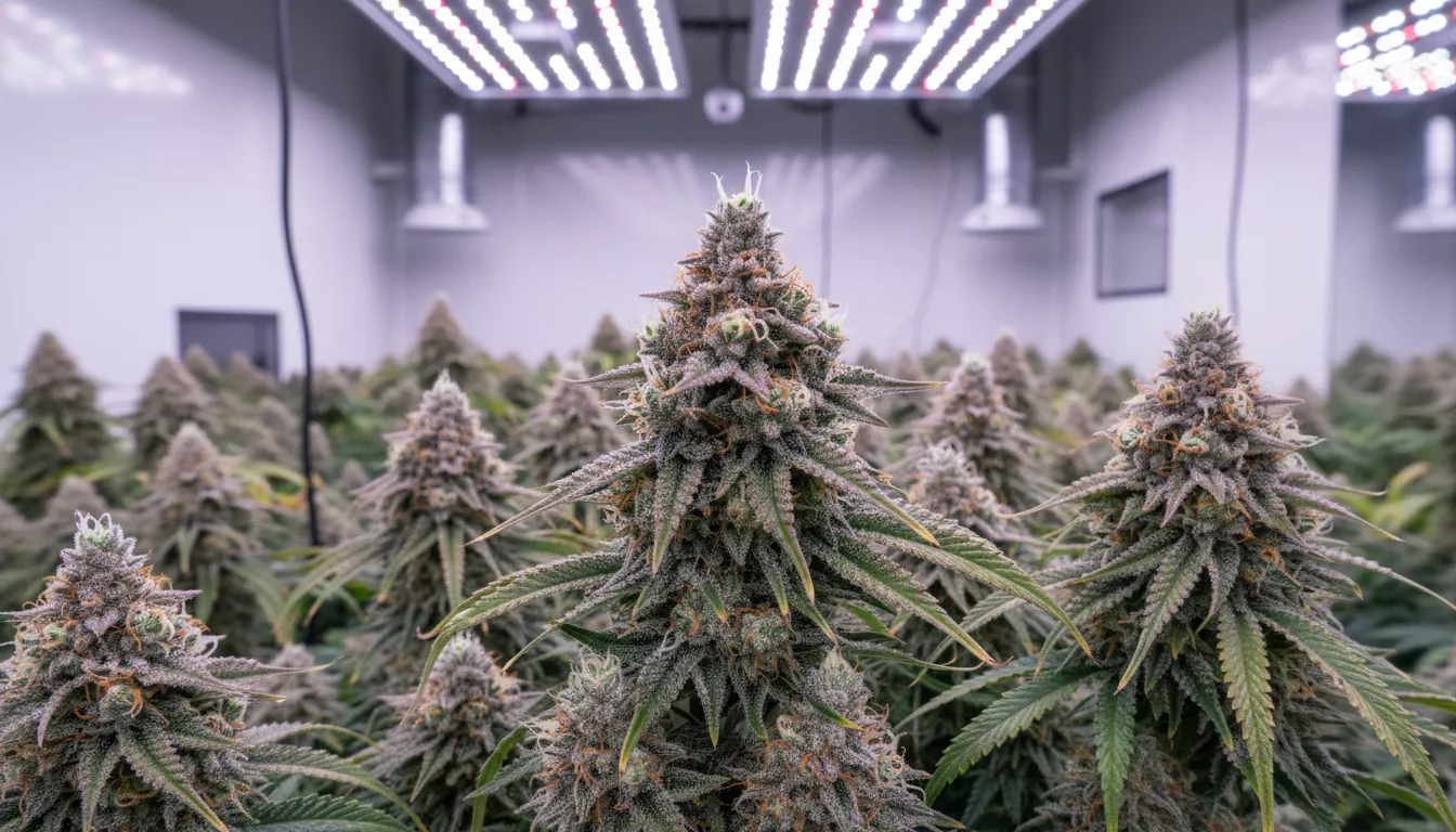 Vue rapprochée de fleurs de CBD denses et résineuses sous des lampes de culture LED intérieures, dans un environnement contrôlé et propre