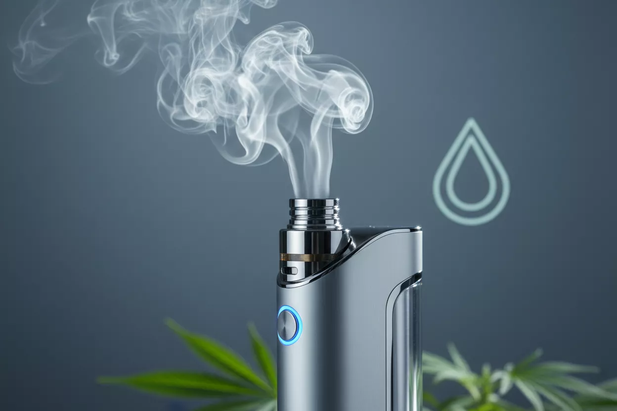 Vue rapprochée d'un vaporisateur moderne, avec de la vapeur légère s'échappant, symbolisant la pureté et l'efficacité d'une consommation saine de CBD.