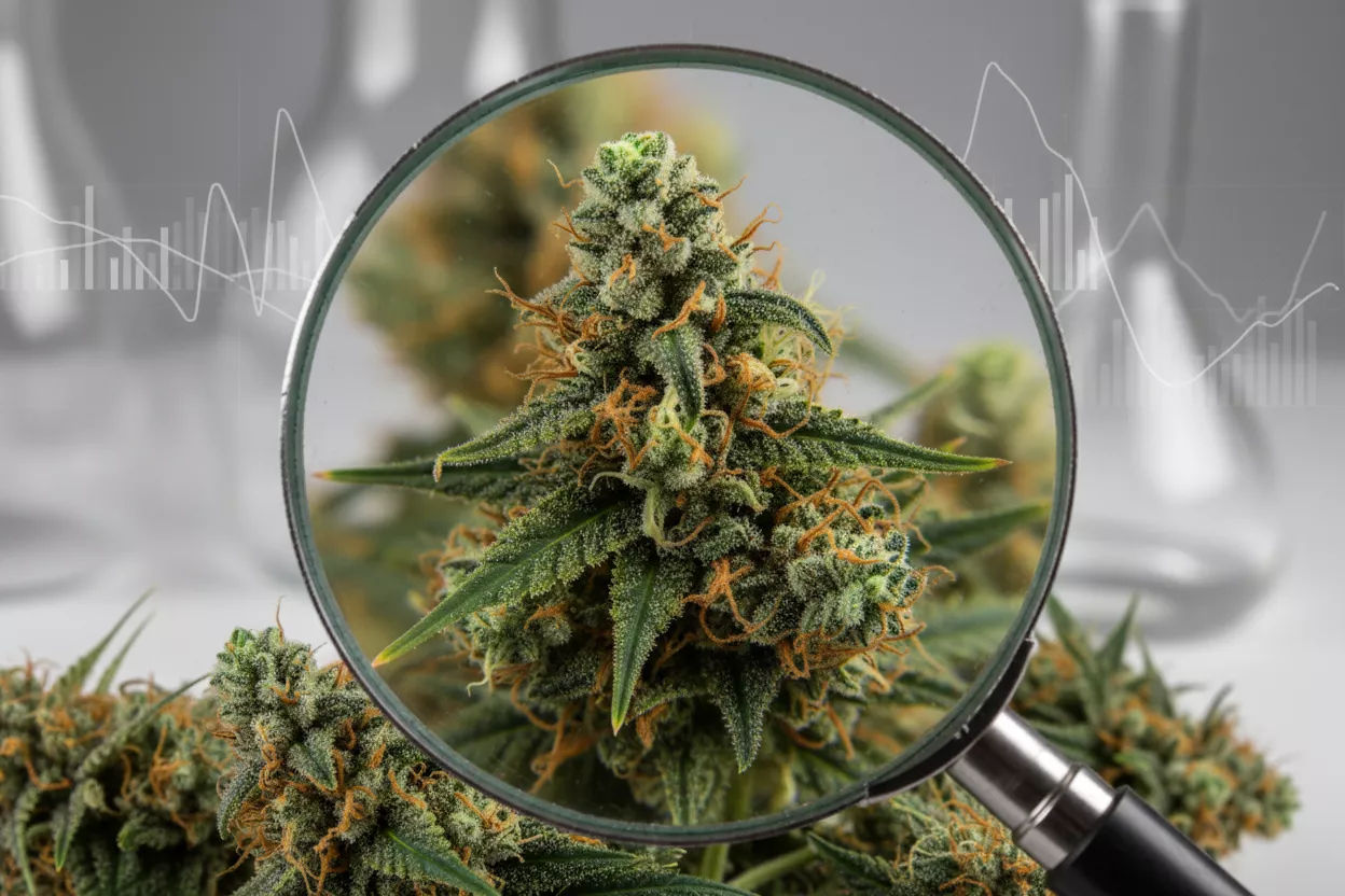 Vue rapprochée d'une fleur de CBD aux teintes vertes et orangées, sous une loupe, symbolisant l'analyse et la découverte de ses propriétés.